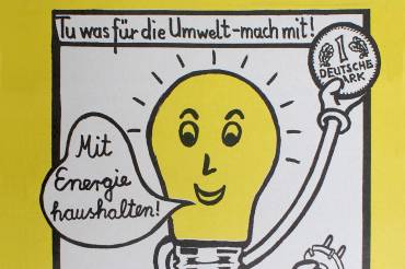 Plakat für Stromsparwettbewerb mit sprechender Glühbirne, 1989