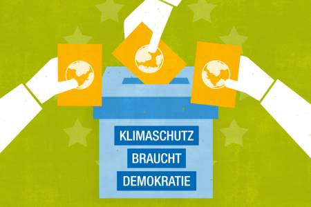 Symbolgrafik: Eine Wahlurne mit der Aufschrift „Klimaschutz braucht Demokratie“, um die drei Arme sind, welche Zettel mit einer Weltkugel einwerfen