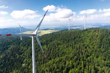 Vier Windkraftanlagen auf einem bewaldeten Berg