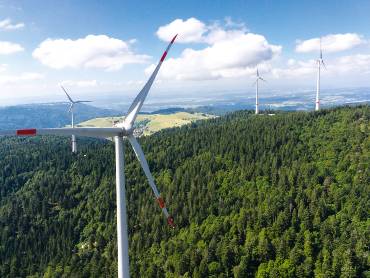 Vier Windkraftanlagen auf einem bewaldeten Berg