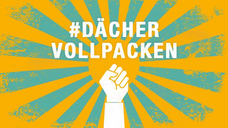 Text: Dächer vollpacken, Faust vor stilisierter Sonnengrafik