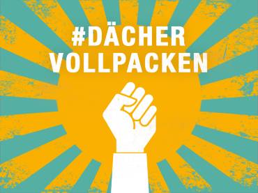 Text: Dächer vollpacken, Faust vor stilisierter Sonnengrafik
