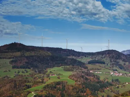 Blick auf Schwarzwaldhöhen, von den bis zu zehn Windenergieanlagen sind sieben zu erkennen
