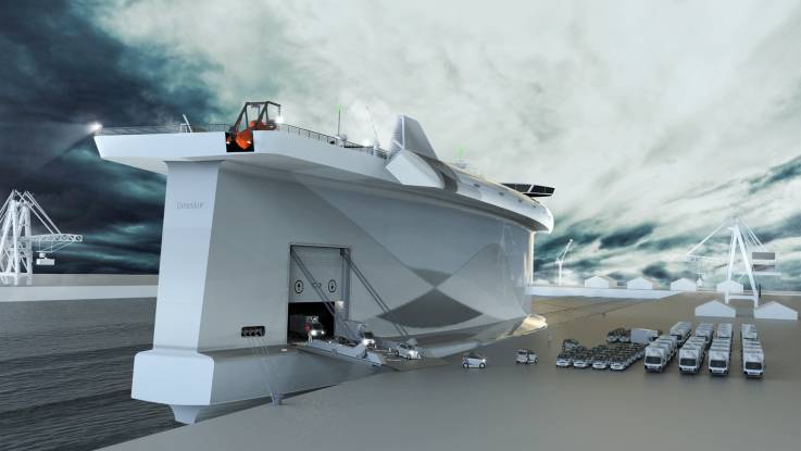 Computersimulation: Ein Schiffsrumpf mit T-förmigem Querschnitt und großer Seitenklappe am Heck baucht sich nach vorne hin aus, um nach vorne zum Kiel wieder zusammenzulaufen; darüber ein auskragendes Deck mit zeltförmigem Aufbau und querliegender Brücke.