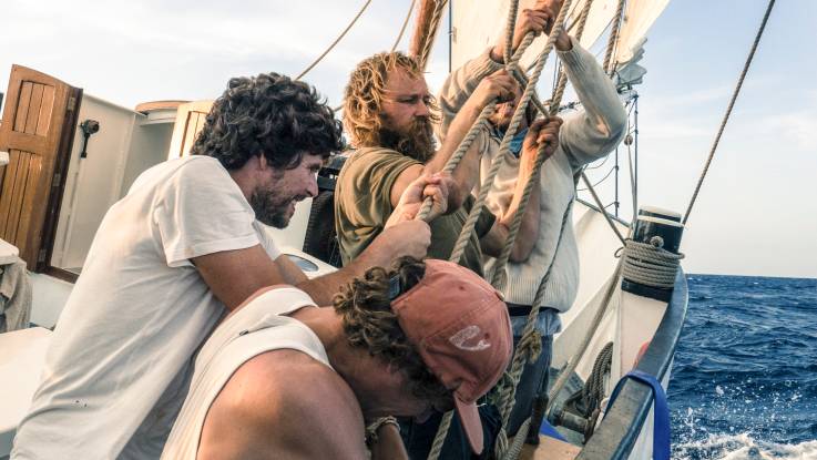 Zu viert an der Reling stehend zerren Besatzungsmitglieder ein Segeln mit Tauen in  den Wind.
