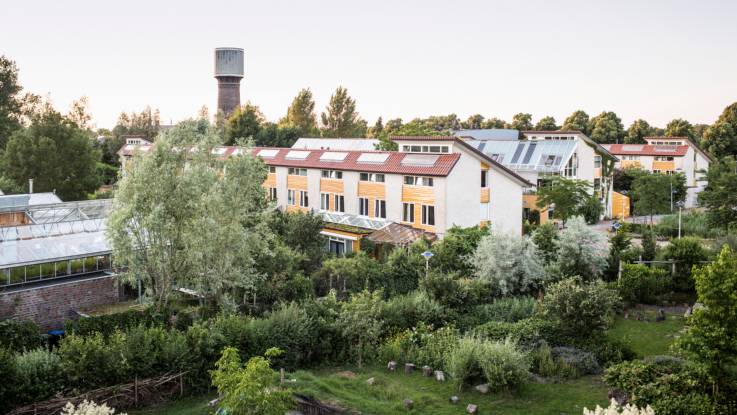 Hinter Gartenhecken mehrere Reihenhäuser; am Horizont ragt ein zylindrischer Turm zwischen Bäumen empor.
