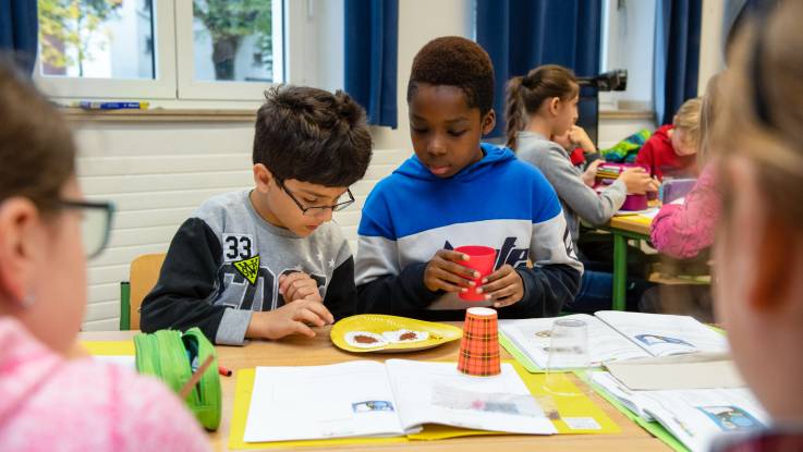 Zwei Jungen sitzen am Tisch vor einem gelben Teller, auf dem je zwei Haufen Samen liegen.