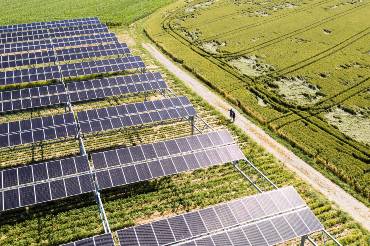 Ein Feld, darauf eine PV-Anlage, und ein Weg auf dem zwei Personen stehen.