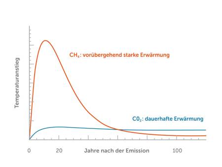 Zwei Kurven: eine steigt Sinuskurve steil an und wieder ab, um dann flach auszulaufen, die andere steigt mäßig an und bleibt auf höherem Niveau flach.