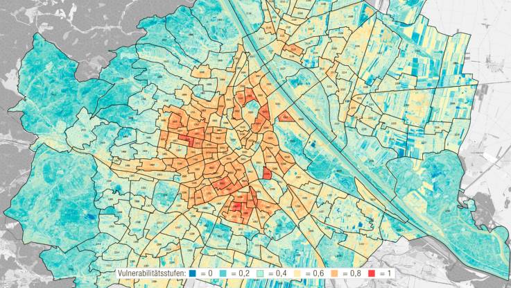 Die Stadtquartiere sind farblich markiert: Im Innern sind viele Bereiche orange und rot, am Rand überwiegt blau.