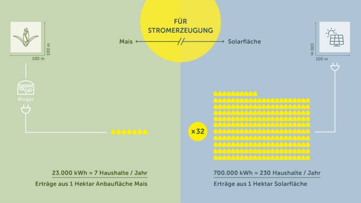 Eine Grafik zeigt, dass die Stromerzeugung auf Solarflächen 32-mal effizienter ist als bei Maisfeldern für Biogas.  